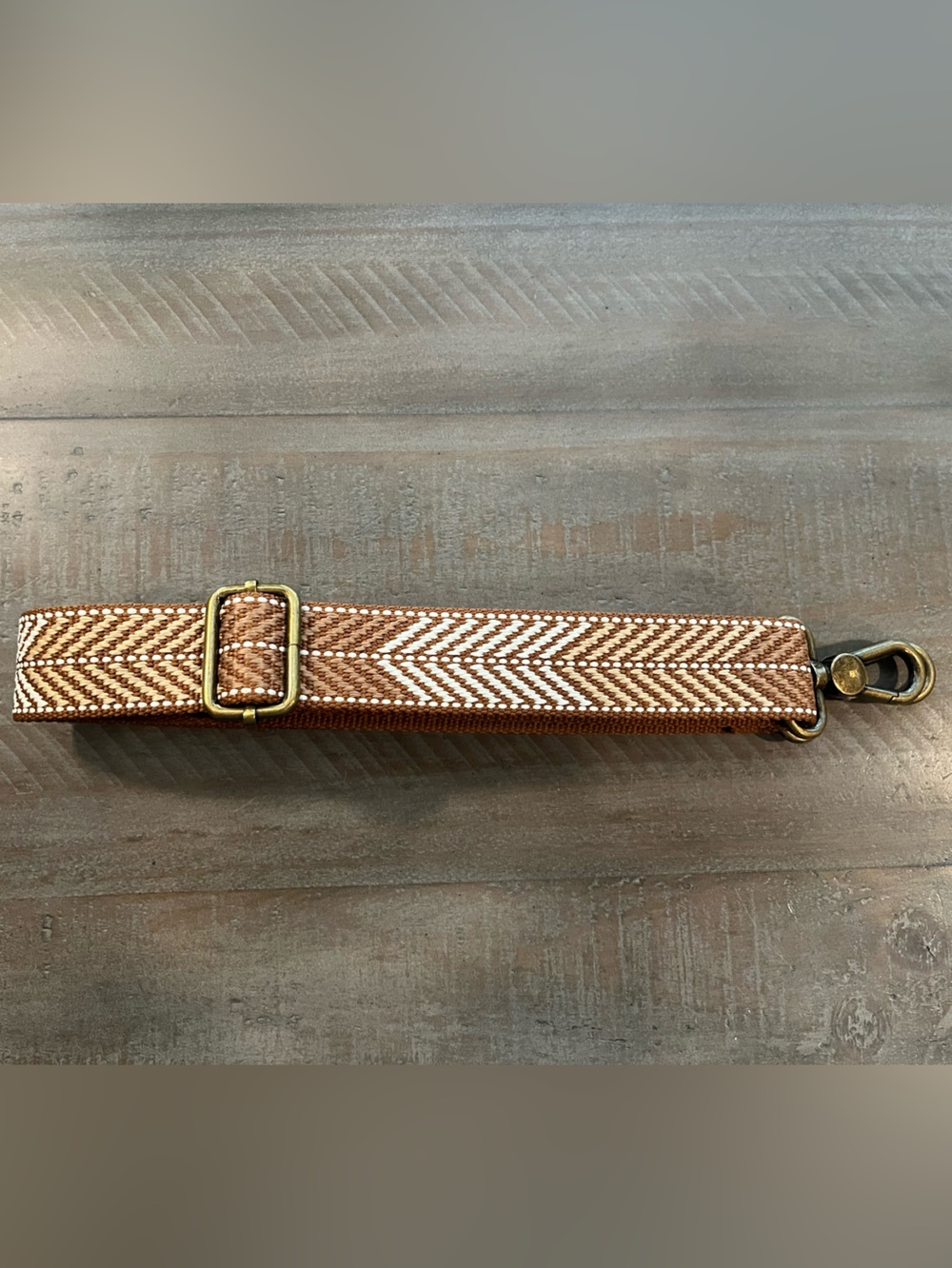 Adjustable Chevron Woven Strap with Brass Slider - Tan & Cream - Picture 2 of 4